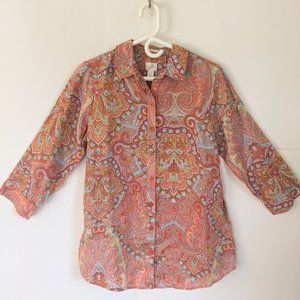 Chico's Linen Sina Top Small Orange Paisley 3/4 Sleeve Womens Tunic Button Up